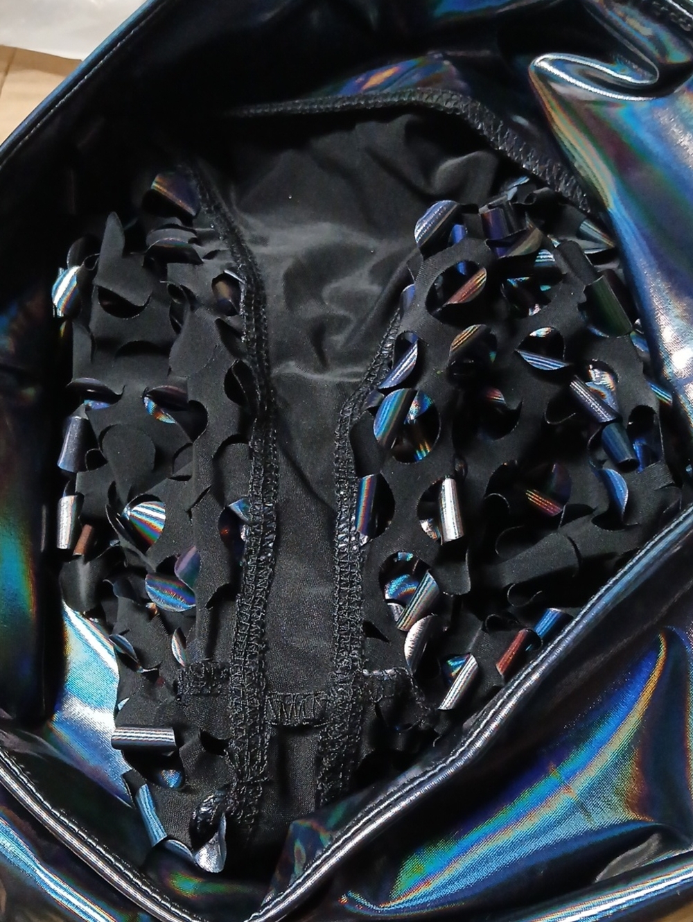 Silver Oil Slick Holographic Effect See-Through Cut-Out Pattern Rave Leggings M - Picture 9 of 9